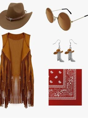 New-Medium Women’s Brown Fringe Vest 
Cowboy hat, earrings, bandanna, & glasses